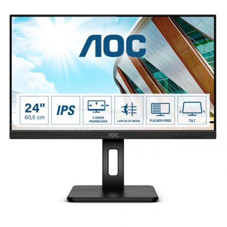 Asztali monitor, AOC IPS monitor 23,8" 24P2Q, 1920x1080, 16:9, 250cd/m2, 4ms, 75Hz, HDMI/DP/D-Sub/DVI/4xUSB, hangszóró, Pivot