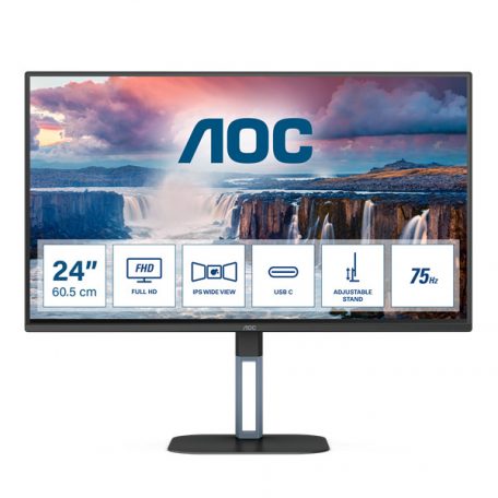 Asztali monitor, AOC IPS monitor 24" 24V5C/BK, 1920x1080, 16:9, 300cd/m2, 1ms, HDMI/DisplayPort/USB-C/4xUSB, Pivot, hangszóró