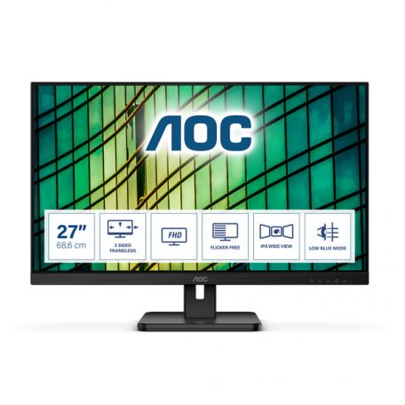 Asztali monitor, AOC IPS monitor 27" 27E2QAE, 1920x1080, 16:9, 250cd/m2, 4ms, HDMI/DisplayPort/VGA, hangszóró