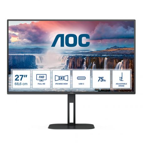 Asztali monitor, AOC IPS monitor 27" 27V5C/BK, 1920x1080, 16:9, 300cd/m2, 1ms, HDMI/DisplayPort/USB-C/4xUSB, Pivot, hangszóró