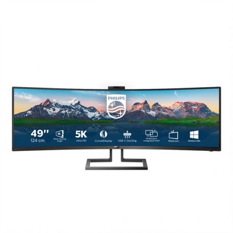 Asztali monitor, Philips Ívelt monitor 49" 499P9H, 5120x1440, 32:9, 450cd/m2, 5ms, USB-C(+dokkoló)/3xUS/LAN/DP/2xHDMI, hangszóró/webkam