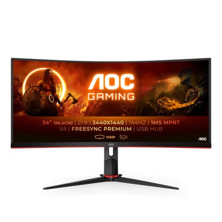 Asztali monitor, AOC Ívelt Gaming 144Hz VA monitor 34" CU34G2X/BK, 3440x1440, 21:9, 300cd/m2, 1ms, 2xHDMI/2xDisplayPort/4xUSB