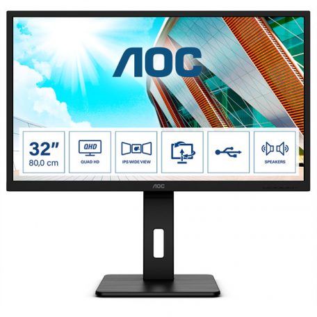 Asztali monitor, AOC monitor 31.5" Q32P2, 2560x1440, 16:9, 250cd/m2, 4ms, 2xHDMI/DisplayPort/4xUSB, Pivot, hangszóró